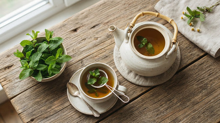 Cup of tasty mint tea with mint leaves on wooden table, top view