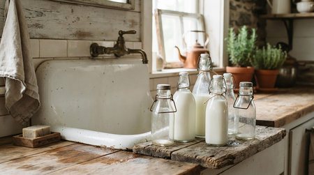Milk bottles on a rustic kitchen table with a sink in the background