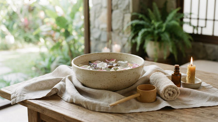 Spa treatment bowl with rose petals and candles on wooden table