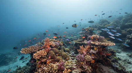 Underwater view of tropical coral reef, fishes and hard corals