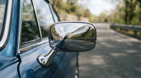 Side view mirror of a blue old car on a country road.