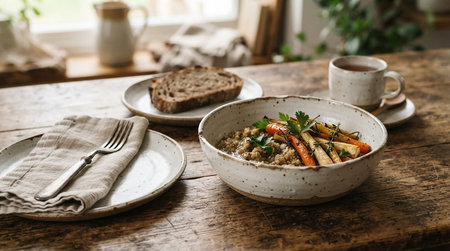 Bowl with tasty buckwheat porridge and vegetables on wooden table