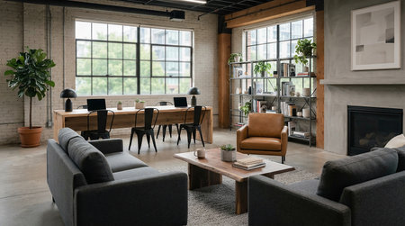 Interior of a modern office with loft style living room. Nobody inside