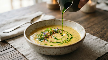Creamy zucchini soup garnished with dill and parsley