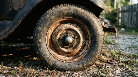 Rusty wheel of old car in the countryside. Selective focus.