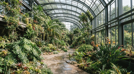 Botanical garden with green plants and ferns in the greenhouse