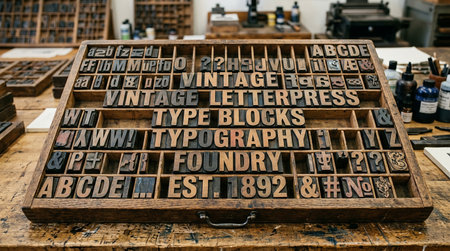 Old vintage wooden letterpress printing blocks on a wooden table in a workshop