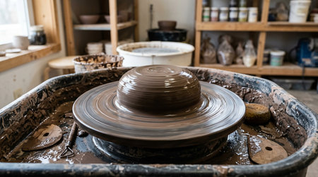 Potter's wheel and pottery in a pottery workshop.