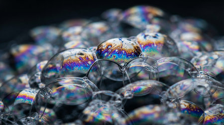 Macro shot of soap bubbles on black background. Shallow depth of field.