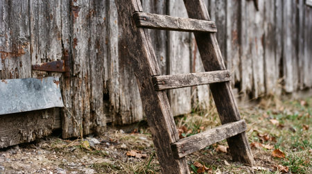 Old wooden ladder on the background of an old wooden house. Vintage style.
