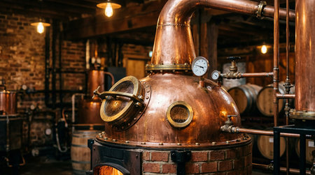 Brewery interior with pipes, barrels and equipment. Vintage toned