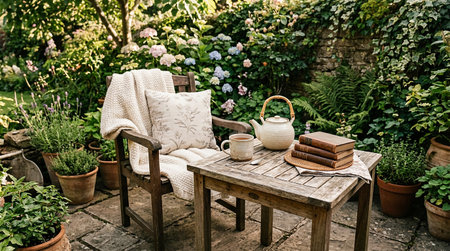 Wooden table with a cup of coffee and a book in the garden