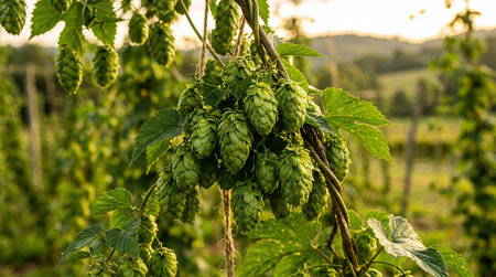 Hops on a hop plant in the hop field at sunset.