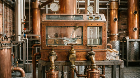 Vintage copper distillery equipment with pipes, tubes and taps.
