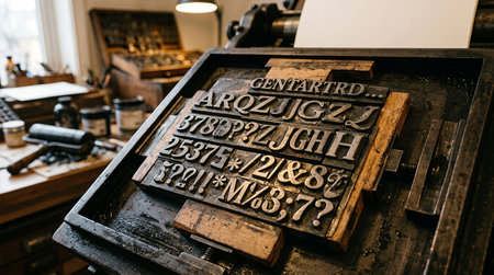 Vintage wooden letterpress printing press in an old printing house.