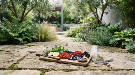 Wooden board with fresh berries on a stone walkway in the garden