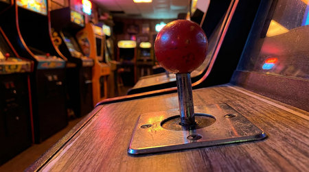 Retro arcade game machine with red ball on the wooden table.