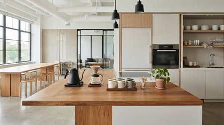 Interior of modern kitchen with wooden table and chairs. Nobody inside