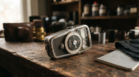 Vintage camera on a wooden table with a book and a camera