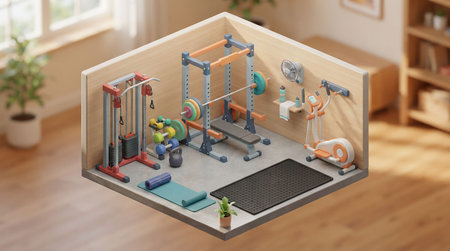 Interior of fitness room with gym equipment. 3d render illustration