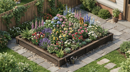 Garden with flowers in a wooden box in the summer garden.
