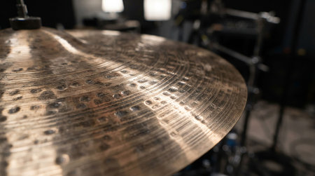 Close up shot of cymbals in a music studio. Bokeh effect