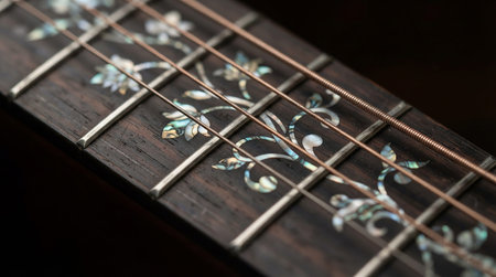 Guitar fretboard with floral pattern, close up view.
