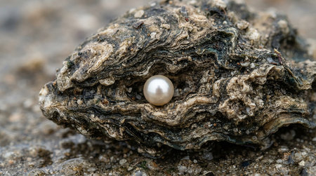 Pearl necklace on a oyster shell on the seashore