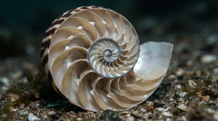 nautilus shell in the sea, close-up macro photography