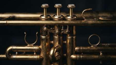 Close-up of a vintage brass trumpet on a dark background.
