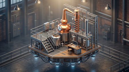 3D rendering of the interior of a brewery with pipes and tanks.