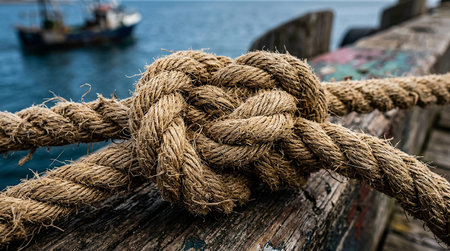 Rope tied to a boat in the sea. Close-up.