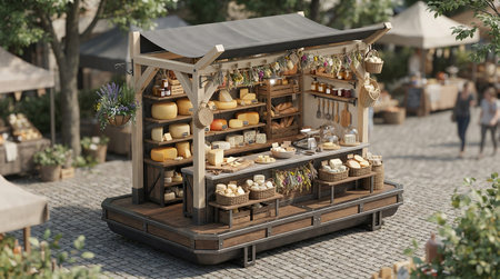 Christmas market stall with cheese and bread. 3d render illustration.