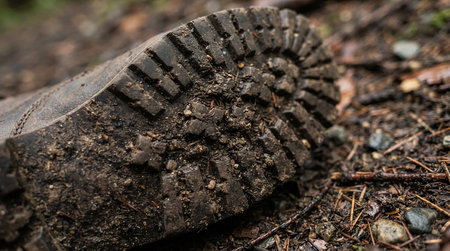Close-up of the tread of a shoe in the forest.