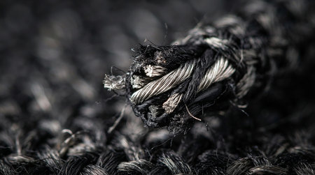 Close-up of black rope on a gray background. Macro photo.