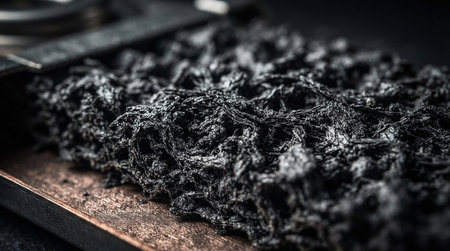 Piece of black coal on a wooden cutting board as detailed close-up shot; selective focus