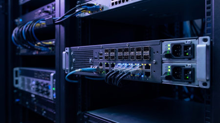 Network switch and ethernet cables in data center, close-up