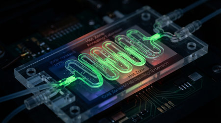 Electronic circuit board with green neon led lights 3D Rendering