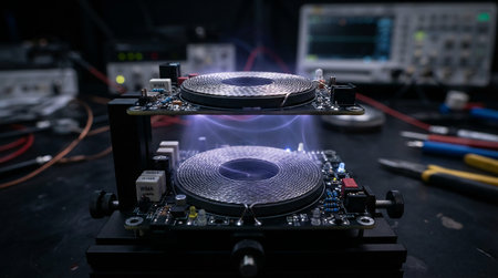 Electronic circuit board with microcircuits and soldering iron. Selective focus