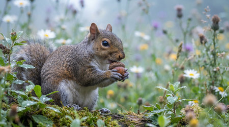 Squirrel eating an acorn in a field of daisies