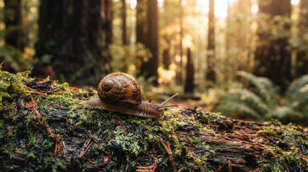 Snail crawling on a fallen tree in the forest at sunset.