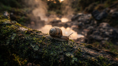 Snail crawling on a mossy log in the forest. Selective focus