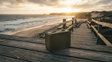 Vintage suitcase on a wooden pier with a beautiful sunset in the background
