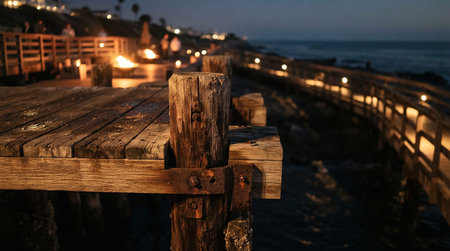 Wooden pier on the beach at night in Santa Cruz, California
