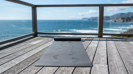 A black yoga mat on a wooden terrace with the sea in the background