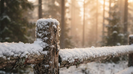 Wooden fence in the winter forest with snow and sunbeams