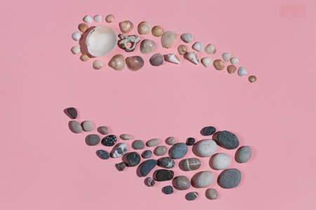 Sign of yin yang laid out of black and white stones and seashells isolated on pink background.feng shui. the strength. contrary forces.man and woman character.の写真素材
