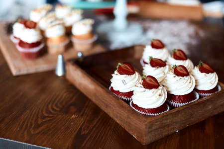 yummy muffines make you happy at the party, close up cropped photo.の写真素材