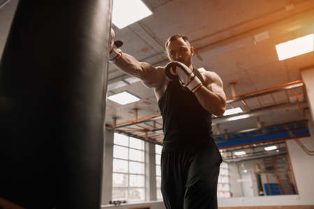 athlete performing for boxing championship, close up low angle view.の写真素材