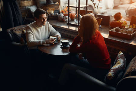 best friends are discussing their life, pleasant company on a cold winter day. new friends, happinessの写真素材